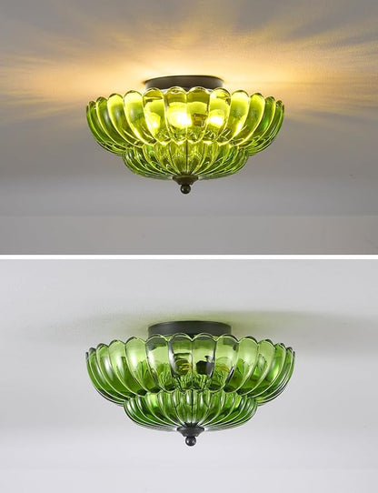 Semi Flush Mount Ceiling Light, Green Glass Ceiling Light Fixture, 3-Bulb Modern Black Close to Ceiling Light, Vintage Glass Ceiling Lights for Bedroom Kitchen Living Room, Bulb Not Included