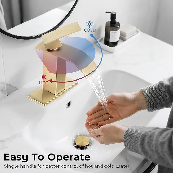 Brushed Gold Bathroom Faucets, Waterfall Bathroom Sink Faucet Single Handle Bathroom Faucet for 1 or 3 Hole, Mixer Tap Vanity Faucet with Deck Plate, Pop-up Drain and Supply Hoses