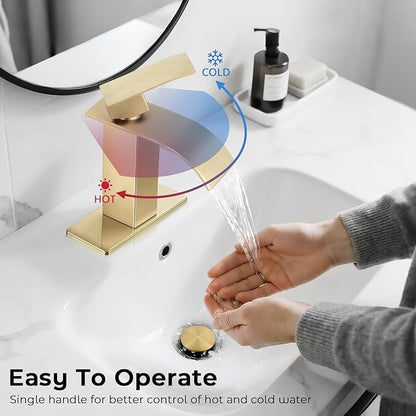 Brushed Gold Bathroom Faucets, Waterfall Bathroom Sink Faucet Single Handle Bathroom Faucet for 1 or 3 Hole, Mixer Tap Vanity Faucet with Deck Plate, Pop-up Drain and Supply Hoses