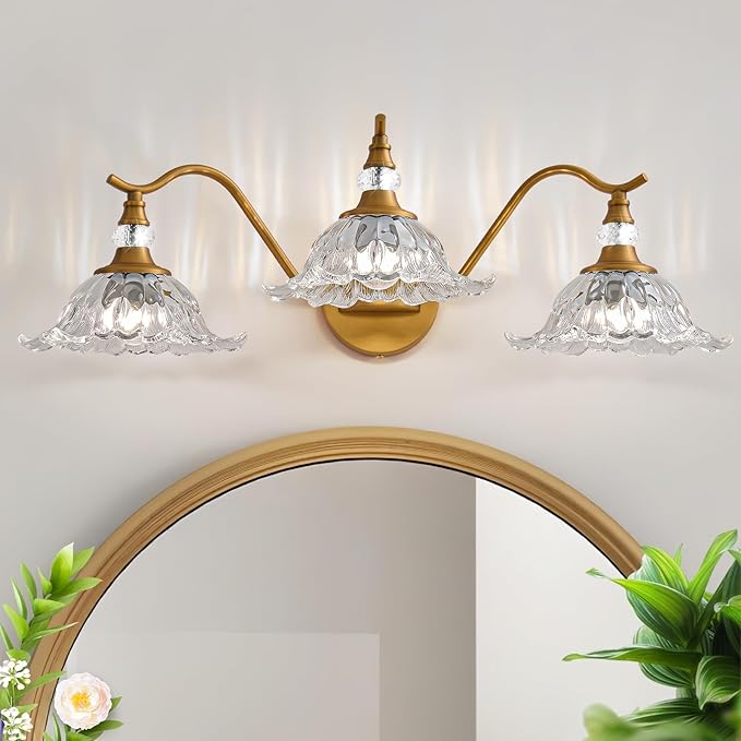 Vintage Bathroom Vanity Light Fixtures - 3 Light Antique Brass Bathroom Lights Fixture Over Mirror with Clear Flower Glass,Retro Brushed Gold Bronze Wall-Mounted Vanity Lighting for Powder Room