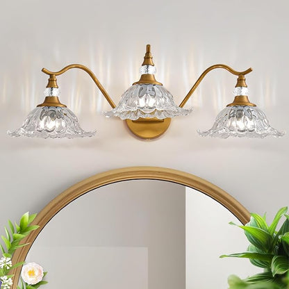 Vintage Bathroom Vanity Light Fixtures - 3 Light Antique Brass Bathroom Lights Fixture Over Mirror with Clear Flower Glass,Retro Brushed Gold Bronze Wall-Mounted Vanity Lighting for Powder Room