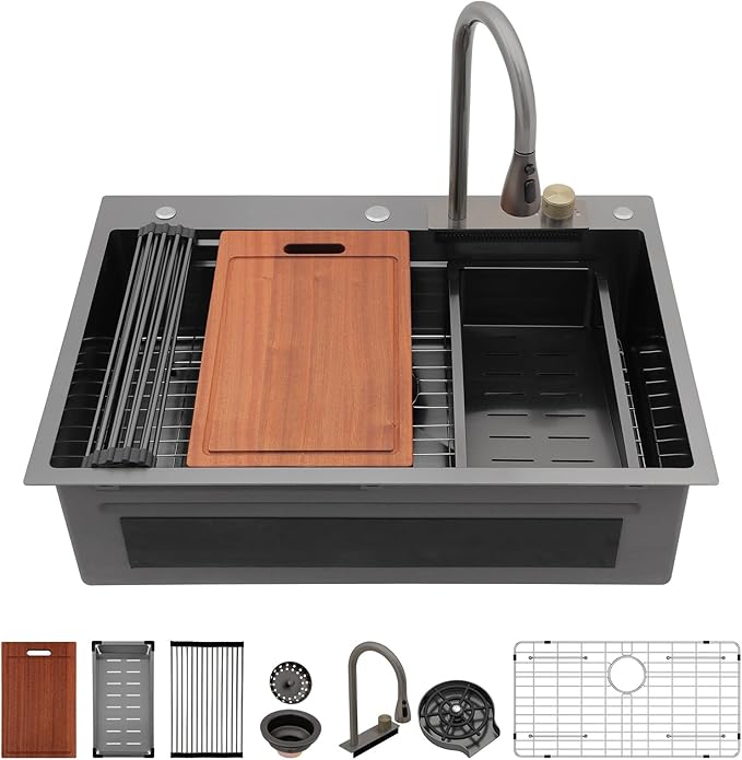 Sarlai 30 Inch Waterfall Kitchen Sink Workstation - 30x22 Black Waterfall Drop In Sink Stainless Steel 16 Gauge Sink Multifunction Single Bowl Smart Top Mount Kitchen Sinks with Faucet Combo