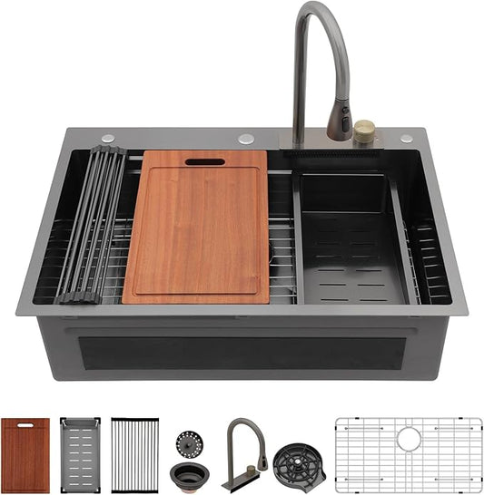 Sarlai 30 Inch Waterfall Kitchen Sink Workstation - 30x22 Black Waterfall Drop In Sink Stainless Steel 16 Gauge Sink Multifunction Single Bowl Smart Top Mount Kitchen Sinks with Faucet Combo