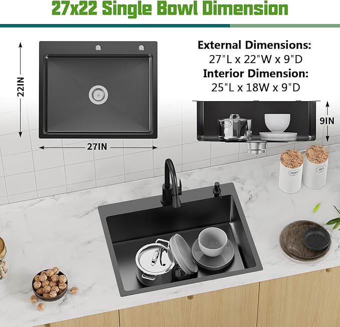 Black 27x22 Inch Drop In Kitchen Sink-Stainless Steel Topmount Modern Single Bowl Large Kitchen And Bar Sink Come With Silicon Mat,Drain Strainer Set Compatibility With Various Kitchen&Bar Style