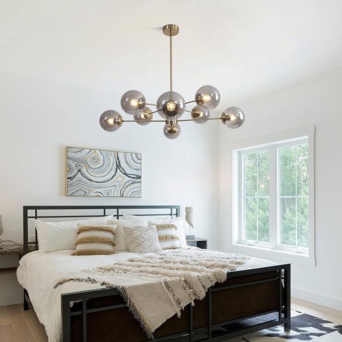 KCO Lighting 8 Light Sputnik Chandelier Gold Smoke Glass Globe Pendant Light Modern Mid Century Brushed Brass Ceiling Lighting Fixture for Living Room Foyer Hall Entryway