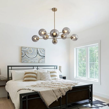 KCO Lighting 8 Light Sputnik Chandelier Gold Smoke Glass Globe Pendant Light Modern Mid Century Brushed Brass Ceiling Lighting Fixture for Living Room Foyer Hall Entryway
