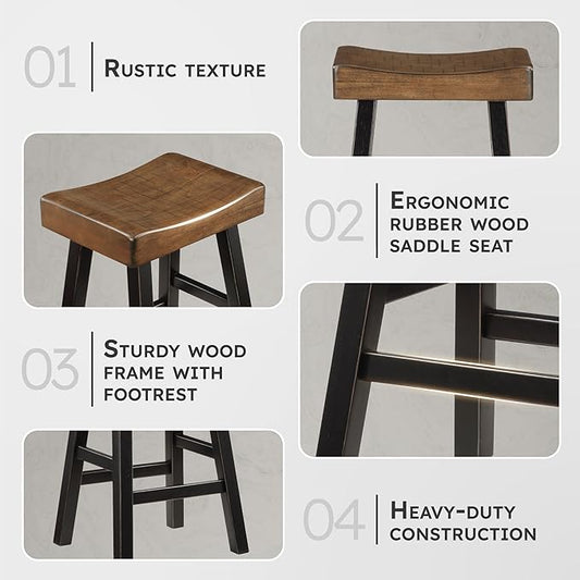 Lexicon Counter Height Stools Set of 2 - Solid Wood Counter Stools with Footrest, Armless Kitchen Chairs for Island, Living Room, Breakfast Nook, Sturdy, Transitional 25" Tall - Black/Brown