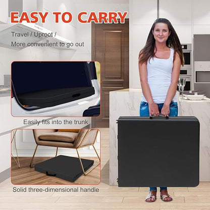 Portable 4Ft Adjustable Height Plastic Folding Table, Heavy Duty Fold-in-Half Table with Carrying Handle, Small Utility Foldable Table for Picnic Party Camping BBQ, Indoor/Outdoor(Black)
