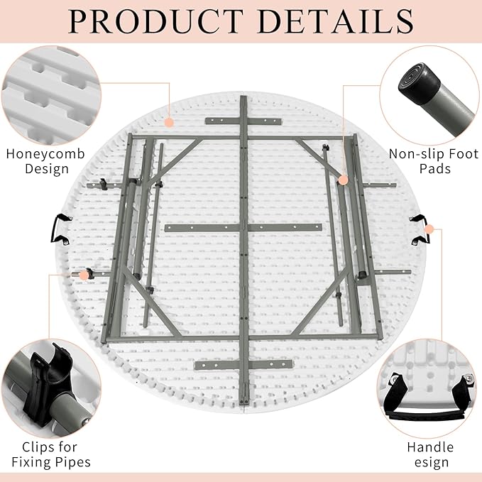 5 FT Round Folding Tables with Carrying Handle 60 inch Heavy Duty Portable Plastic Commercial Table Steel Legs for Party, Dining, Wedding, Events, Picnic Indoor, Outdoor (White,1 Pack)