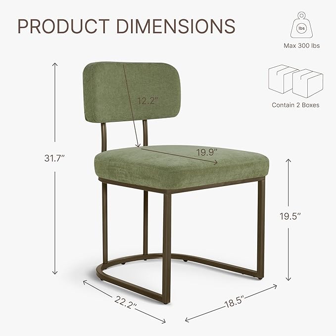 KISLOT Dining Chairs Set of 4, Upholstered Modern Kitchen Chairs with Ergonomic Backrest, Fabric Cushion Seat & Wire Drawing Metal Legs for Living Room, Restaurant, and Café, Olive, 2Boxs