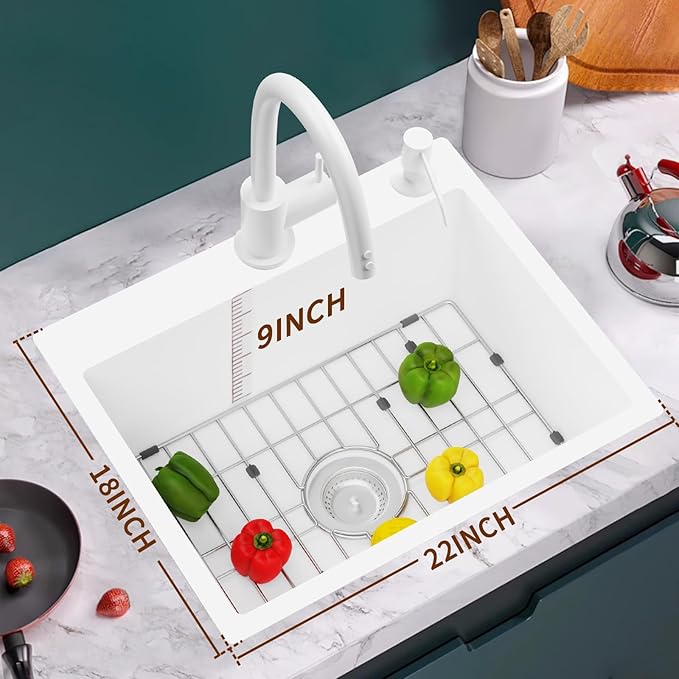 White 22x18In Kitchen And Bar Sink-Stainless Steel Drop In Single Bowl Topmount Kitchen&Bar Sink With SS Grid And Drain Assembly Clean&Bright White Bar Sink Enhance Aesthetic Appeal Of Modern Kitchen