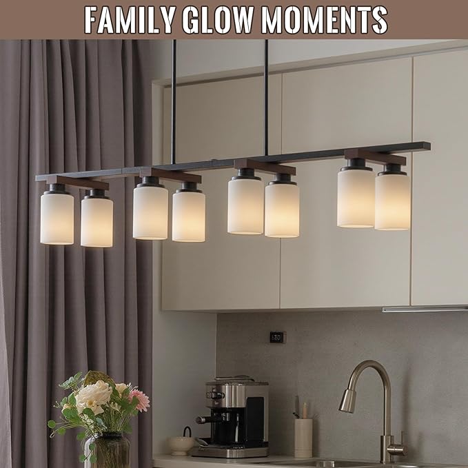 8-Light Kitchen Island Lighting & Farmhouse Dining Room Light Fixtures Over Table, 60inch Rustic Linear Chandelier Adjustable Ceiling Hanging Pendant - Rotating Design, Customizable Shapes, Milk Glass