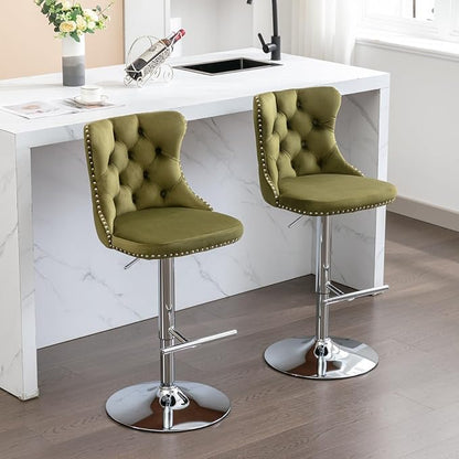 Rhomtree Velvet Swivel Bar Stools with Button Tufted Back and Pull Ring Height Adjustable Barstools 25-33 Inch for Home Pub and Kitchen Island (Olive-Green with Silver Base, Set of 2)