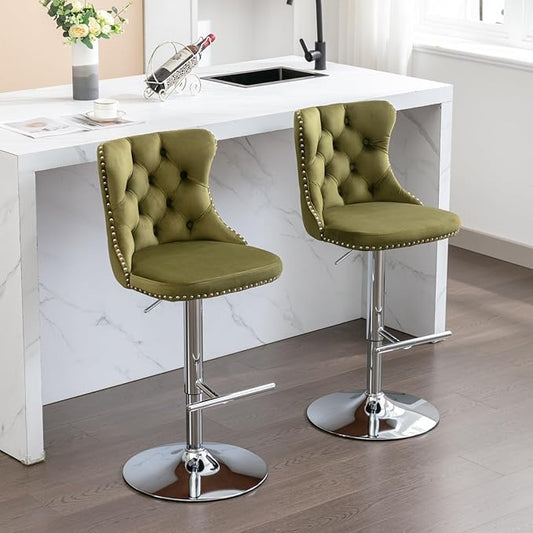 Rhomtree Velvet Swivel Bar Stools with Button Tufted Back and Pull Ring Height Adjustable Barstools 25-33 Inch for Home Pub and Kitchen Island (Olive-Green with Silver Base, Set of 2)