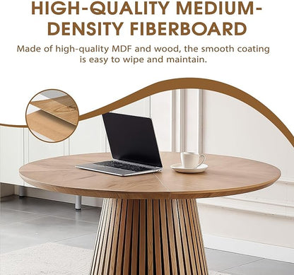 47 inch Round Dining Table for 4-6, Wooden Circle Round Kitchen Table with Wood Strip Pedestal Base, Modern Farmhouse Round Dining Room Table for Family Meals, Gatherings, Dinner Party, Living Room