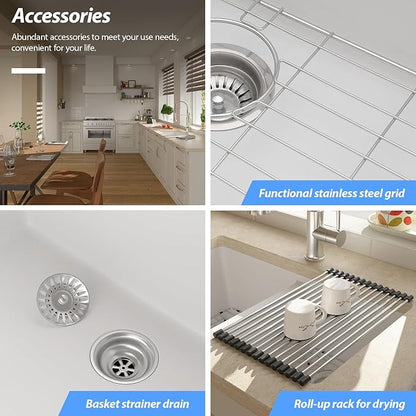 Lordear 33 Granite Composite Kitchen Sink 33x19 Inch White Undermount Sink Double Bowl 50/50 Granite Composite Under/Over Counter White Kitchen Sink
