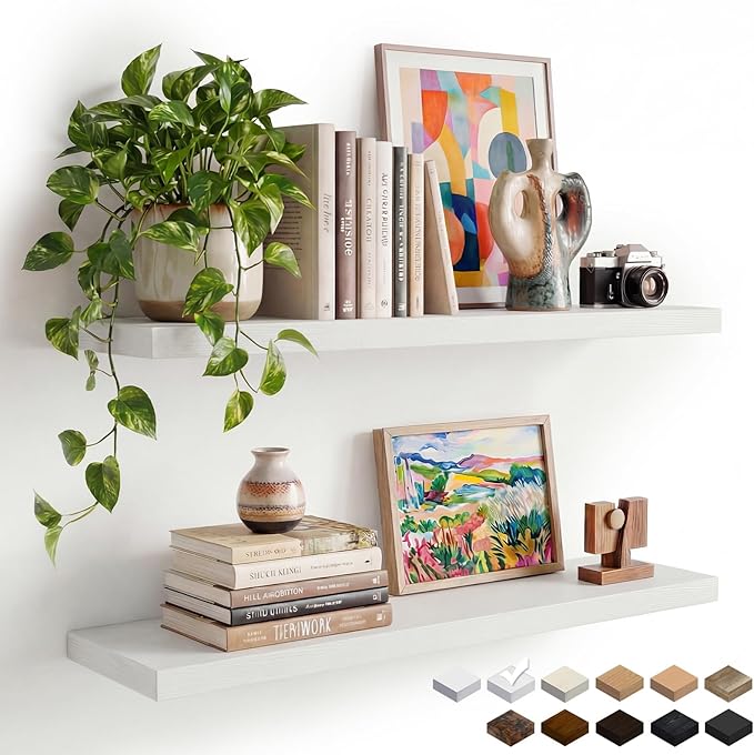 INHABIT UNION White Floating Shelves Set of 2, 35.43in Wall Mounted Display Ledge Shelves for Bedroom Bathroom Living Room and Kitchen Decoration Storage