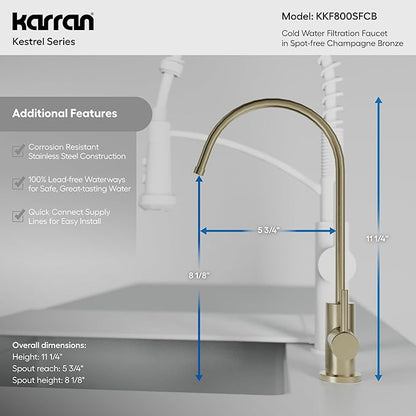 Karran Kestrel Single-Handle Filtered Water Faucet in Bronze 100% Lead-Free Brass, RO/Filtration System Ready, 360° High-Arc Spout, Spot-Free Finish Beverage Faucet (Spot Free Champagne Bronze)