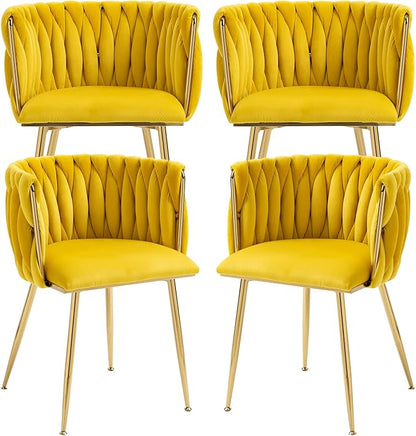 Nrizc Woven Dining Chairs Set of 4, Velvet Upholstered Dining Chairs with Gold Metal Legs, Modern Accent Chairs for Living Room, Dining Room, Kitchen (Yellow)