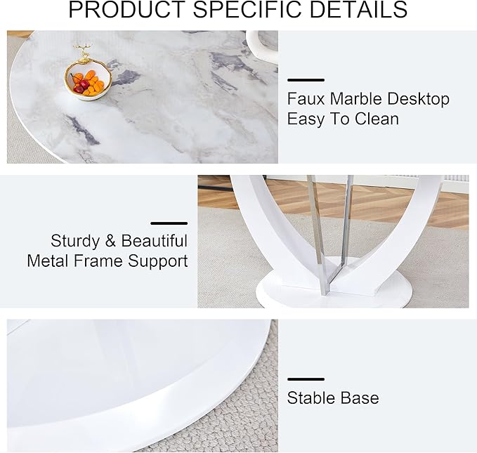 JUFU Round Dining Table for 4/6, 47 Inch Faux Marble Look Dining Room Table, White Kitchen Table with Stable Pedestal, Modern Glass Dining Table for Kitchen,Living Room,Apartment,Restaurant