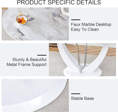 JUFU Round Dining Table for 4/6, 47 Inch Faux Marble Look Dining Room Table, White Kitchen Table with Stable Pedestal, Modern Glass Dining Table for Kitchen,Living Room,Apartment,Restaurant