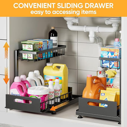 Saydear Under Sink Organizer Storage 2-Tier Premium Metal Pull-Out Kitchen Cabinet Organizer with Sliding Drawer, Height Adjustable, Heavy Duty for Kitchen & Bathroom Organizers 2 Pack Black