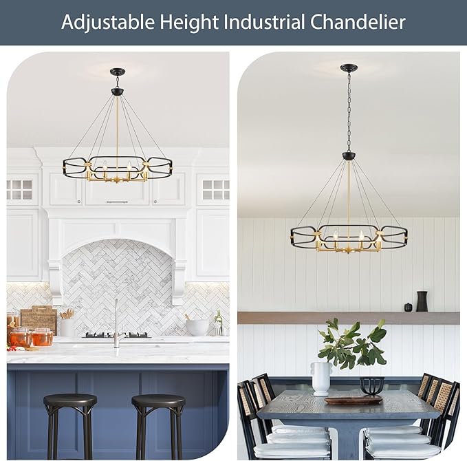XINGQI 31" Large 8-Light Black and Gold Industrial Chandeliers for Dining Room Round Farmhouse Kitchen Pendant Light Fixture for Entryway Living Room Bedroom Foyer
