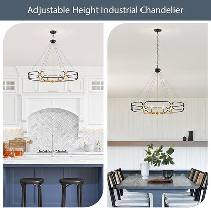 XINGQI 31" Large 8-Light Black and Gold Industrial Chandeliers for Dining Room Round Farmhouse Kitchen Pendant Light Fixture for Entryway Living Room Bedroom Foyer
