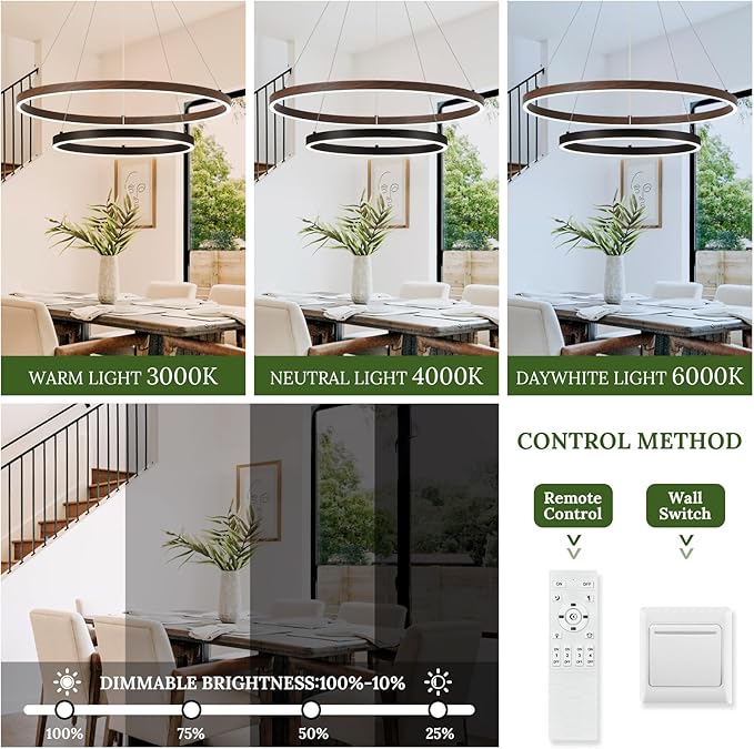 2 Ring LED Chandelier Black Walnut Wood Chandelier for Dining Room 24in Dimmable Circular Chandeliers Light Round Chandeliers for Bedroom Kitchen Entryway Living Room