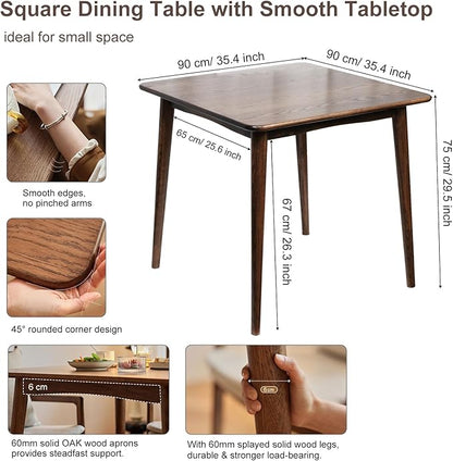 Square Dining Table, Solid Wood Kitchen Table, Mid-Century Modern Kitchen Island Tables for Small Space with Oak Finish, 35.4”D x 35.4" W x 29.5" H, Walnut