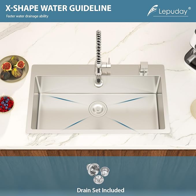 33 Inch Drop in Kitchen Sink 18 Gauge Stainless Steel 33x22 Single Bowl Brushed Handmade Topmount Kitchen Sinks Round Corner