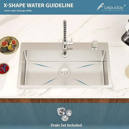 33 Inch Drop in Kitchen Sink 18 Gauge Stainless Steel 33x22 Single Bowl Brushed Handmade Topmount Kitchen Sinks Round Corner