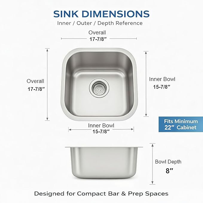 ORLANDO 18x18 Inch Undermount Kitchen Sink - 18 Gauge Stainless Steel Single Bowl Prep Sink for Compact Kitchen Sink & Kitchen Island with Basket Strainer