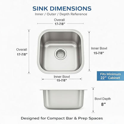 ORLANDO 18x18 Inch Undermount Kitchen Sink - 18 Gauge Stainless Steel Single Bowl Prep Sink for Compact Kitchen Sink & Kitchen Island with Basket Strainer