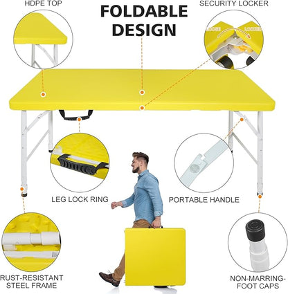 Portable 4Ft Adjustable Height Plastic Folding Table, Heavy Duty Fold-in-Half Table with Carrying Handle, Small Utility Foldable Table for Picnic Party Camping BBQ, Indoor/Outdoor (Yellow)