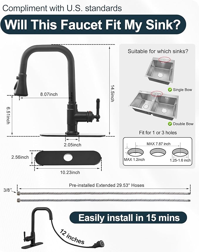 3 Function Black Kitchen Sink Faucet, 360 Degree Swivel Kitchen Faucets with Pull Down Sprayer, Single Handle with Deck Plate for 1 or 3 Hole, Stainless Steel