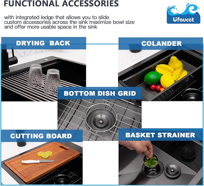 60/40 Drop In Double Bowl Kitchen Sink Black, 33x22 Inch Gunmetal Black Drop In Kitchen Sink Ledge Workstation 16 Gauge Stainless Steel Topmount Dual Basin with Cutting Board