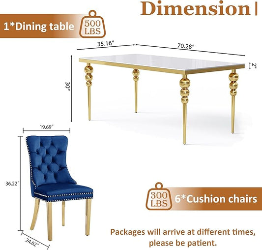 7 Piece Glass Dining Table Set, Modern 70 Inch Gold Rectangular Glass Kitchen Table, 6 Blue Exquisite Velvet Cushion Chairs for Living Room, Restaurant (White-Top)
