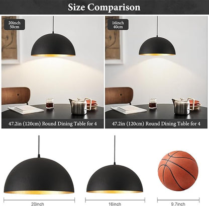 Industrial Pendant Lighting for Kitchen Island, 20 Inch Black and Gold Metal Dome Pendant Light Fixtures, Hemispherical Hanging Ceiling Light E26 Base for Reading Dining Room Foyer Cafe