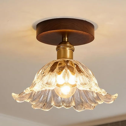 Semi Flush Mount Ceiling Light, Flower Ceiling Light Fixture, Wood Kitchen Ceiling Lights with Glass Shade, Vintage Lighting for Bedroom Bathroom Entryway Hallway, Included Bulb