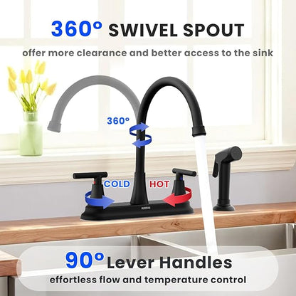 HURRAN 2-Handle Kitchen Faucet with Pull-Out Side Sprayer, 8 Inch High Arch Stainless Steel 360°Rotating Kitchen Sink Faucet, 4 Hole Faucet for Kitchen Bar Rv Camper, Black