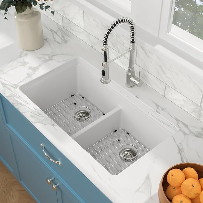 Sarlai 33 Granite Kitchen Sink Double Bowl - 33"x19" White Granite Composite Kitchen Sink Ledge Workstation White Undermount Double Bowl 50/50 Low Divide Quartz Classic Composite Under Counter Basin