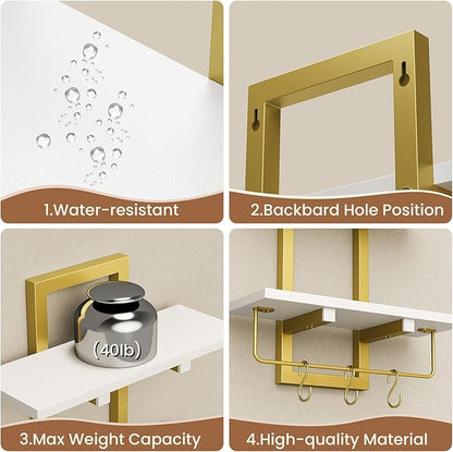 Creso hom Floating Shelves, 15" Wall Shelf Set of 2, Hanging Bathroom Shelves 2-Tier, Wall Mounted Storage Shelves, for Living Room Bedroom Bathroom Kitchen Office Coffee Bar, White and Gold