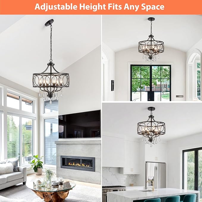 Modern Black Chandelier 17.7" Metal Crystal Pendant Lighting Fixture Hanging 6-Light for Dining Room Bedroom Living Room Kitchen Entryway