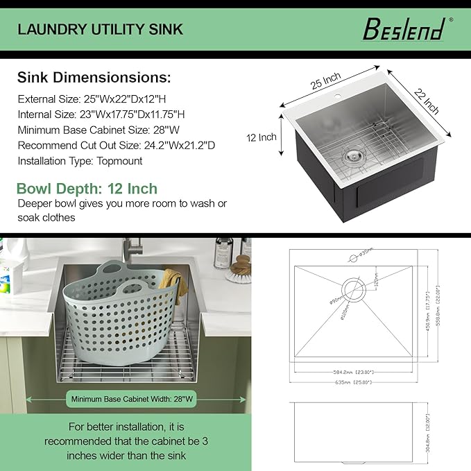25 Laundry Sink Drop In - 25x22x12 Inch Laundry Utility Sinks 12 Inch Deep Sinks Stainless Steel Topmount Sink 16 Gauge Single Bowl Sink for Laundry Room