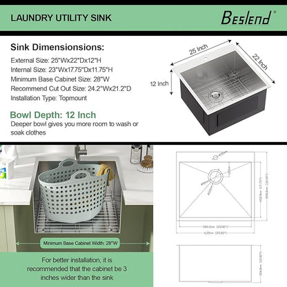 25 Laundry Sink Drop In - 25x22x12 Inch Laundry Utility Sinks 12 Inch Deep Sinks Stainless Steel Topmount Sink 16 Gauge Single Bowl Sink for Laundry Room