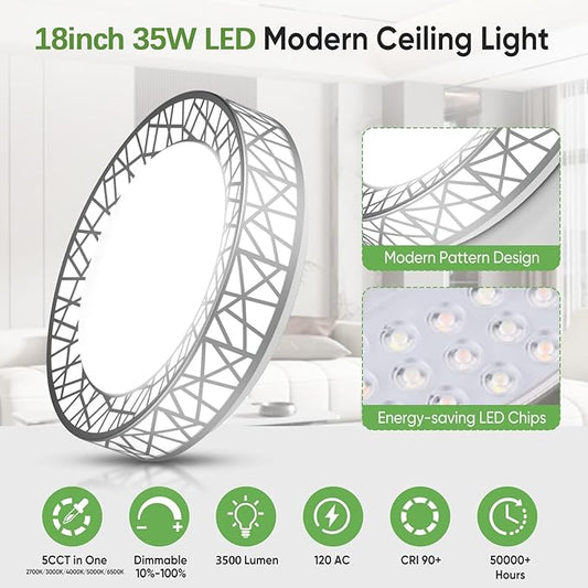 Lightania 18 Inch Flush Mount Ceiling Light, Modern Brushed Nickel LED Ceiling Light Fixture, 35W 3500LM 2700-6500K Adjustable, Dimmable Ceiling Lights for Bedroom, Kitchen, Hallway, Bathroom, ETL