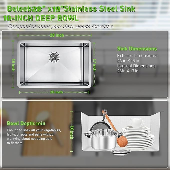 Undermount Kitchen Sink 28 x 19",3D Embossed Surface-18 Gauge 10" Deep Stainless Steel Single Bowl with Accessories