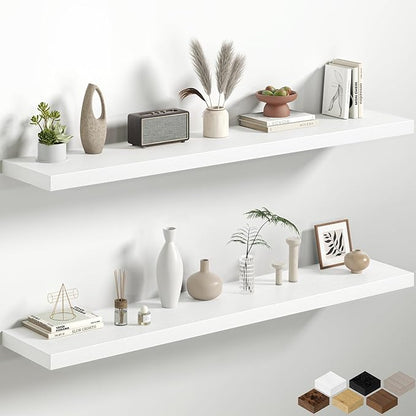 12 Inch Deep Floating Shelves, 60W x 12D Floating Shelf for Books, Rustic Wood Deep Wall Shelves for Home Storage & Display, 1.5" Thicked Shelves for Kitchen, Living Room, Bedroom, White, 2 Pack