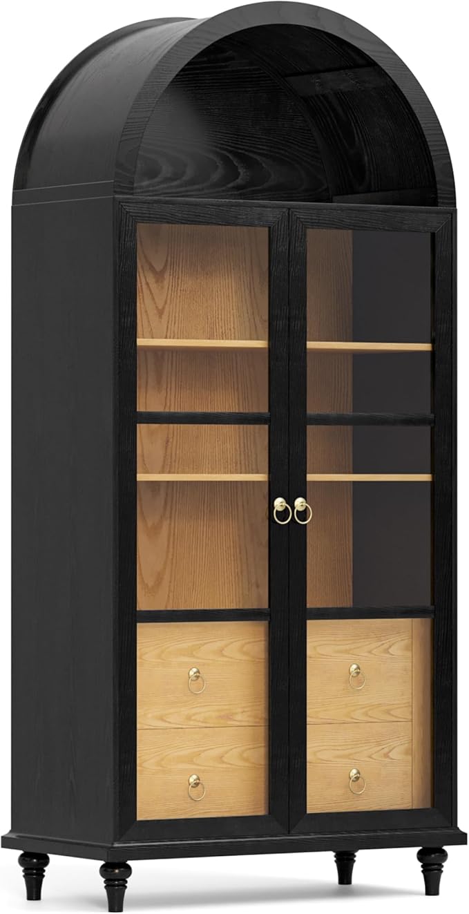 YESHOMY 71" Tall Arched Pantry Cabinet, Storage Cabinets with 2 Large Drawers and 3 Shelves, Wood Bookshelf, Modern Farmhouse Cupboard for Living Room, Kitchen, Dining Room, Black